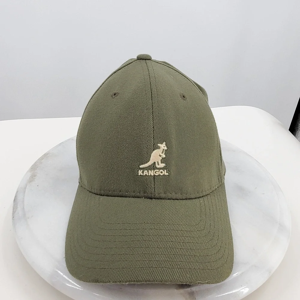 Kangol Flexfit Wool Blend Baseball Cap Olive Green Kangaroo Logo Preppy L/XL